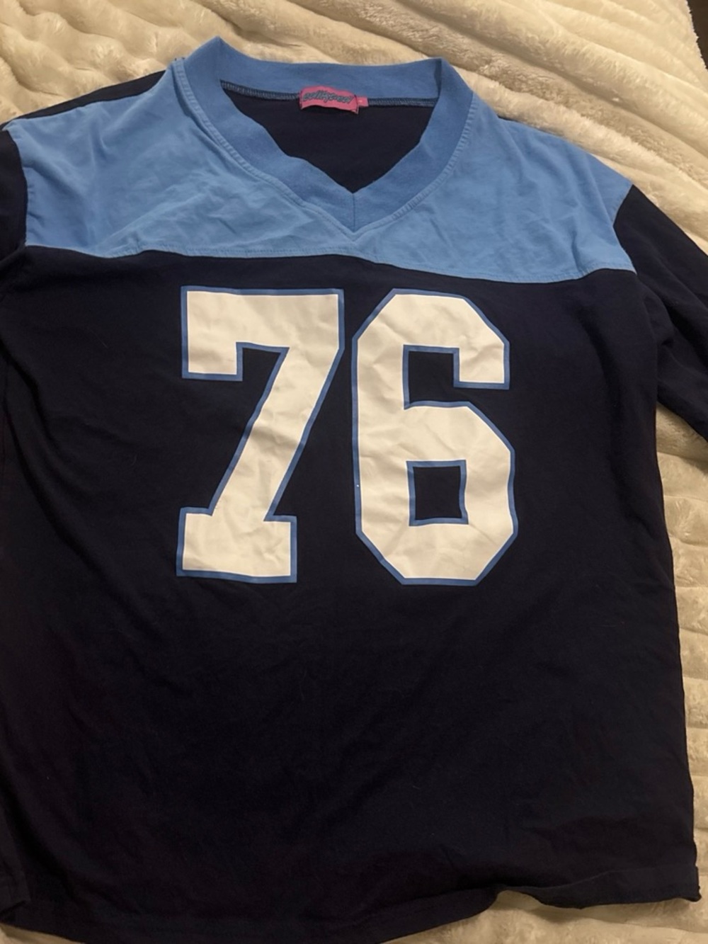 Edikted Navy and Light Blue V-Neck Jersey with White 76 Print